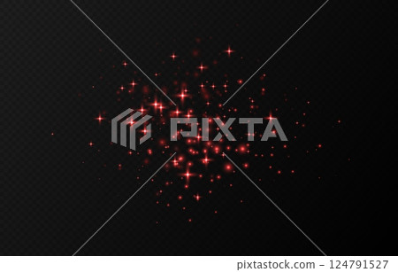 Red sparkling stars, shiny particles light effect, transparent flying stardust texture 124791527