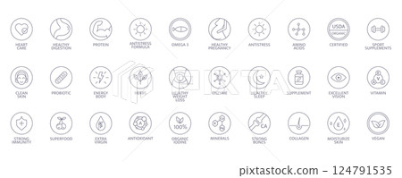 Food supplement line icon set. Natural vitamin, probiotic, protein, mineral sign for packaging. Healthy, organic, bio, vegan product label. Detox diet badges. Nutrition sign. Vector illustration 124791535