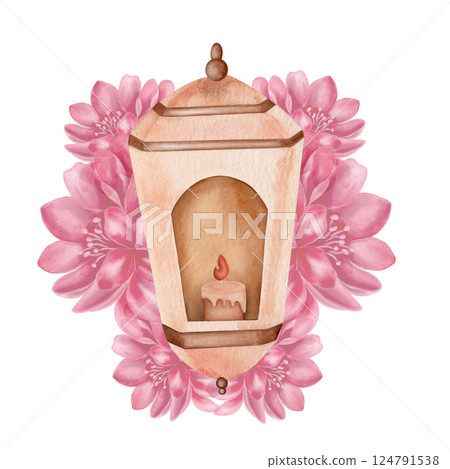 Antique lantern with pink flowers. Watercolor painting on white background in high quality for printing, perfect for greeting cards or home decor, pillow cases, stickers, posters, poster design. 124791538