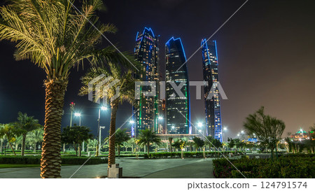 Famous towers buildings in Abu Dhabi night timelapse hyperlapse. Famous towers buildings in Abu Dhabi night timelapse hyperlapse. 124791574