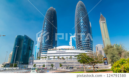 Modern skyscrapers timelapse hyperlapse, Sheikh zayed road, Dubai, United Arab Emirates. 124791580