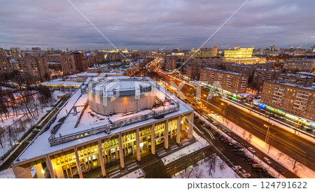 Moscow city Russia skyline aerial panoramic top view day to night timelapse urban winter snow scenery architecture background 124791622