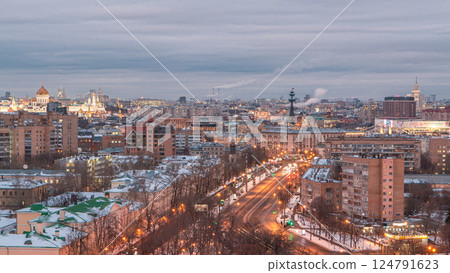 Moscow city Russia skyline aerial panoramic top view day to night timelapse urban winter snow scenery architecture background 124791623