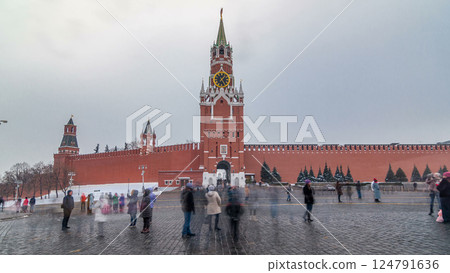 View of The Saviour Spasskaya Tower timelapse hyperlapse and Kremlin walls of Moscow Kremlin, Russia at day in winter. View of The Saviour Spasskaya Tower timelapse hyperlapse and Kremlin walls of Moscow Kremlin, Russia at day in winter. 124791636