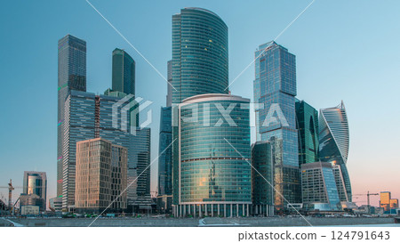 Moscow City skyscrapers in winter day to night timelapse. 124791643