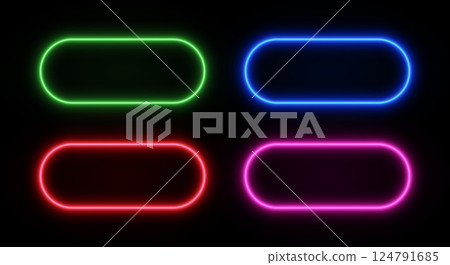 Neon glow rounded rectangle frame. Button led border light. Laser vector set of title templates on black background. Neon glow rounded rectangle frame. Button led border light. Laser vector set of title templates on black background. 124791685