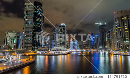 Dubai Marina towers and canal in Dubai night timelapse hyperlapse Dubai Marina towers and canal in Dubai night timelapse hyperlapse 124791710