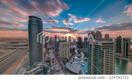 Modern skyscrapers and water channel with boats of Dubai Marina at sunset timelapse, United Arab Emirates. Modern skyscrapers and water channel with boats of Dubai Marina at sunset timelapse, United Arab Emirates. 124791721