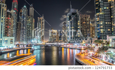 Dubai Marina towers and canal in Dubai night timelapse hyperlapse Dubai Marina towers and canal in Dubai night timelapse hyperlapse 124791733
