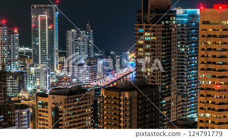 Aerial top view at night timelapse of Dubai Marina in Dubai, UAE 124791779