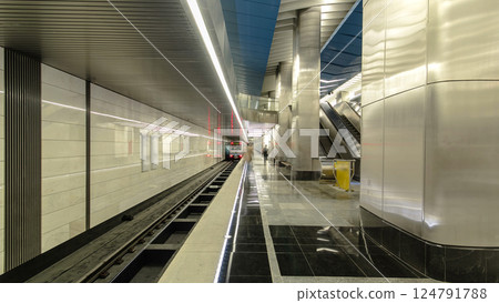 Interior of a modern subway station with trains timelapse hyperlapse Interior of a modern subway station with trains timelapse hyperlapse 124791788