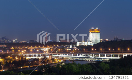 Academy of Sciences and the Shukhov Tower from the observation deck on the Sparrow Hills in Moscow timelapse 124791831