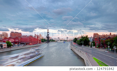View from the Patriarch bridge to the river panorama of Moscow day to night timelapse 124791842