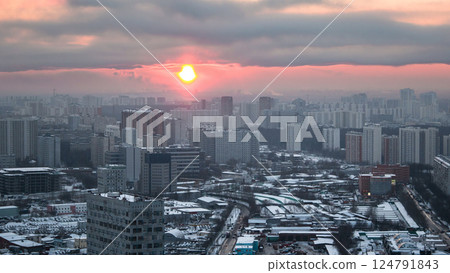 Moscow. Sunset with clouds over buildings aerial timelapse, Russia Moscow. Sunset with clouds over buildings aerial timelapse, Russia 124791843