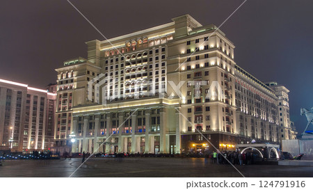 View of the eastern facade of the old Hotel Moskva from Manege Square timelapse hyperlapse. Moscow, Russia View of the eastern facade of the old Hotel Moskva from Manege Square timelapse hyperlapse. Moscow, Russia 124791916
