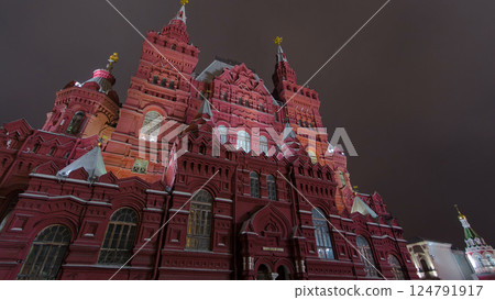 The State Historical Museum of Russia timelapse hyperlapse. Located between Red Square and Manege Square in Moscow 124791917