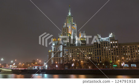 Night view of the Kotelnicheskaya Embankment Building hyperlapse in Moscow timelapse, Russia. Night view of the Kotelnicheskaya Embankment Building hyperlapse in Moscow timelapse, Russia. 124791918