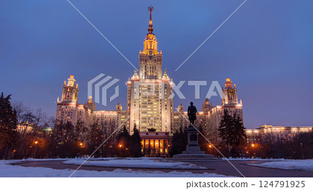 The Main Building Of Moscow State University On Sparrow Hills At Winter timelapse day to Night 124791925