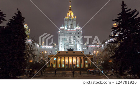 The Main Building Of Moscow State University On Sparrow Hills At Winter timelapse hyperlapse at Night The Main Building Of Moscow State University On Sparrow Hills At Winter timelapse hyperlapse at Night 124791926