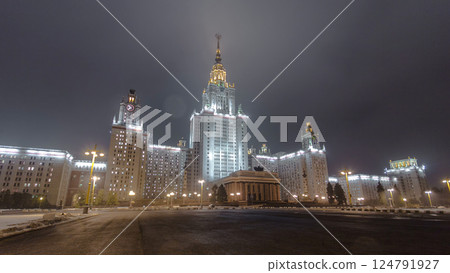 The Main Building Of Moscow State University On Sparrow Hills At Winter timelapse hyperlapse at Night The Main Building Of Moscow State University On Sparrow Hills At Winter timelapse hyperlapse at Night 124791927