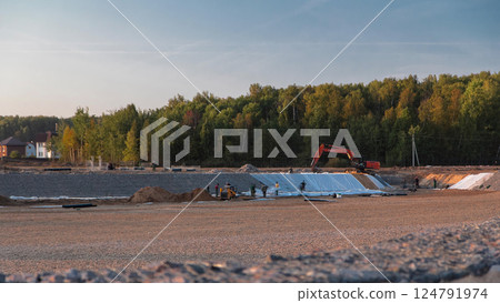 Panoramic landscape transform into urban area with machinery timelapse. 124791974