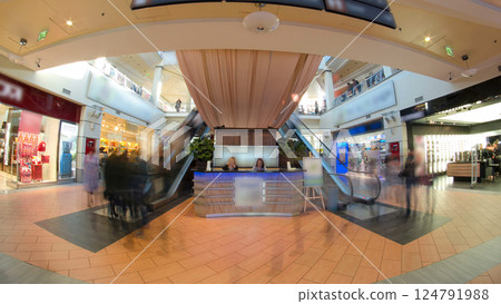Many shops in multi-level department store or shopping mall timelapse hyperlapse. 124791988