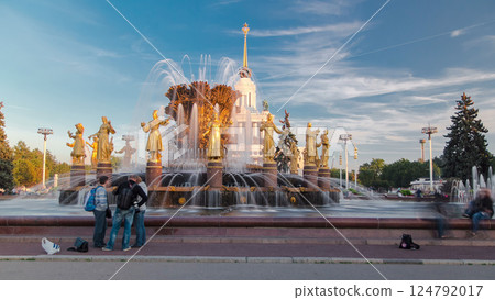Golden fountain in the national exhibition center timelapse hyperlapse, Moscow, Russia Golden fountain in the national exhibition center timelapse hyperlapse, Moscow, Russia 124792017
