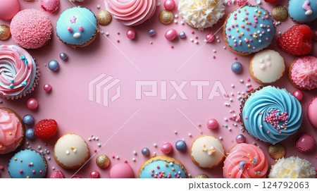 Colorful assortment of cupcakes and candies arranged on a pink background for a festive celebration 124792063
