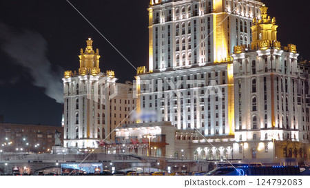 Hotel Ukraine winter night timelapse hyperlapse with bridge over Moscow River. 124792083