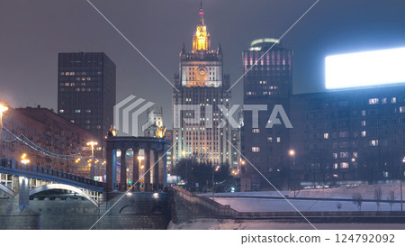 Borodinsky Bridge over the Moskva river timelapse hyperlapse Building of the Ministry of Foreign Affairs in Moscow. Borodinsky Bridge over the Moskva river timelapse hyperlapse Building of the Ministry of Foreign Affairs in Moscow. 124792092