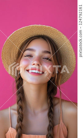 Young woman with braids smiles brightly against a pink background, wearing sunglasses and a straw hat 124792161