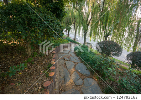 path in the park with a lantern and a bench 124792162