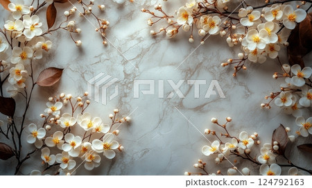 Delicate floral arrangement on marble surface showcasing spring beauty and elegance 124792163