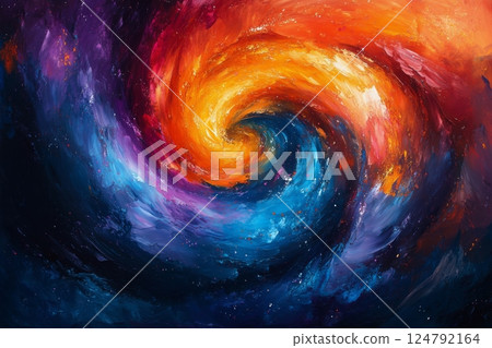 Colorful cosmic swirl depicting a vibrant galaxy with striking hues and dynamic energy 124792164