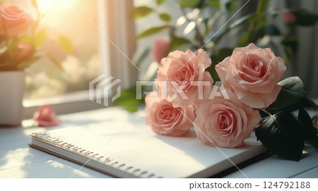 Romantic dinner setting with flowers and candles at sunset event 124792188