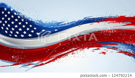 Waving American flag with blue background showcasing national pride and unity 124792214