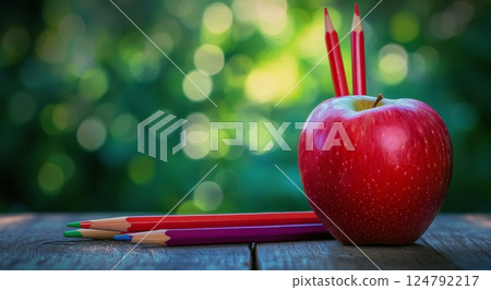 Bright red apple resting on wooden surface with colorful pencils in natural outdoor setting 124792217