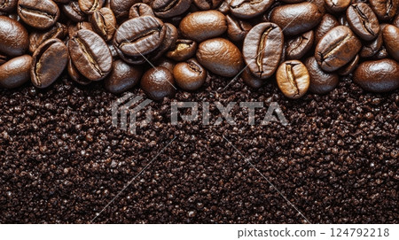 Coffee beans and ground coffee ready for brewing in a kitchen setting 124792218