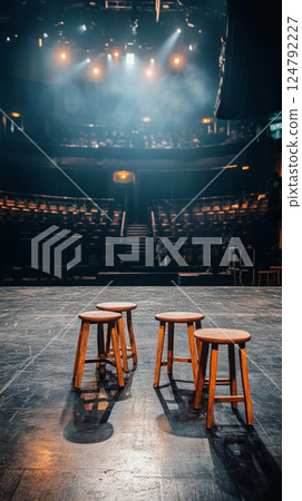 Empty stage with wooden stools ready for a performance at a cozy venue 124792227