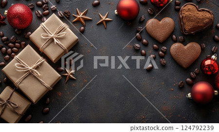 Holiday sweets and gifts arranged with festive decorations on a dark background 124792239