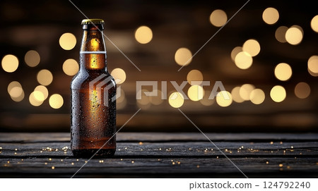 Refreshing amber beverage on a rustic wooden bar in a dimly lit setting with blurred background 124792240