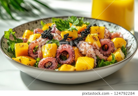 Vibrant seafood salad with octopus, mango, and caviar served in a white bowl 124792284