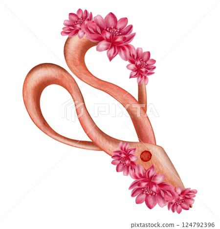Vintage scissors with flowers, high quality watercolor drawing isolated on white background, suitable for postcard, home decor. gardening or farming posters, sewing, houseplants 124792396