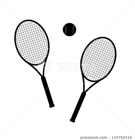 A simple icon set of silhouettes of tennis ball and rackets. A simple icon set of silhouettes of tennis ball and rackets. 124792416