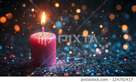 Vibrant candle burning amidst sparkling lights during a festive celebration 124792417
