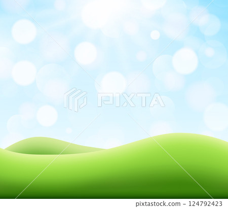 Vector illustration of a summer meadow with green hills, a clear blue sky, and the bright sun 124792423