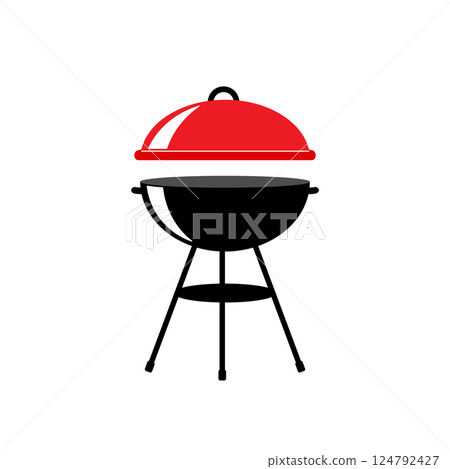 Black bbq grill with red lid on white background Black bbq grill with red lid on white background 124792427