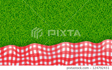 Red and white tablecloth on green grass background 124792431