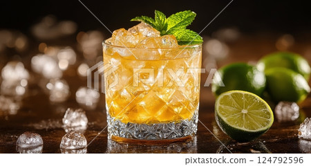 Refreshing mint cocktail with lime and vibrant garnish served in a glass Refreshing mint cocktail with lime and vibrant garnish served in a glass 124792596
