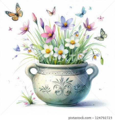 Whimsical still life painting of vibrant flowers and butterflies in a rustic flower pot. Full of charm, movement, and vivid color on a white background. 124792723